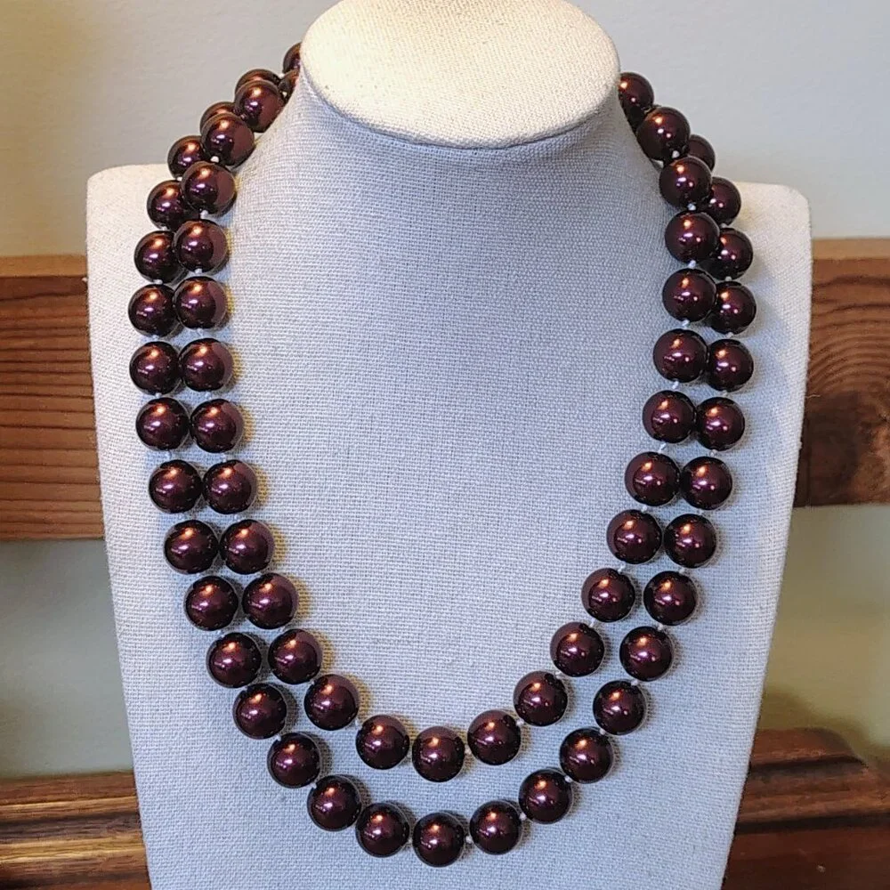 Vintage Burgundy Wine Faux Pearl Glass Bead Hand Knotted Necklace - Picture 5 of 7